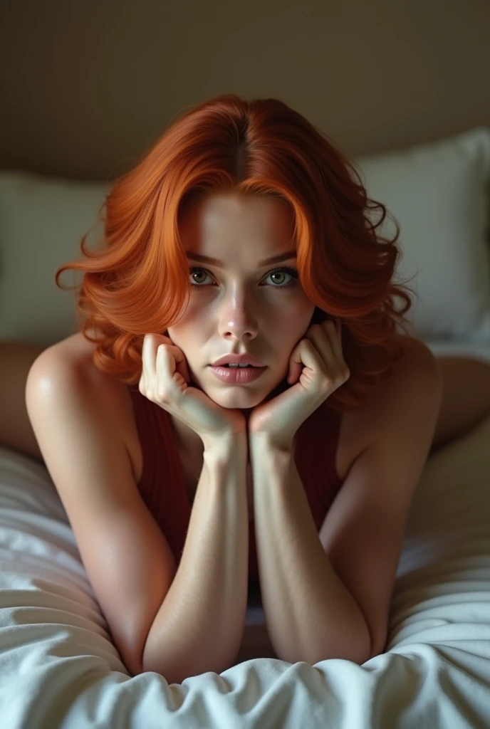 (full body shot:1) photorealistic image of one (laying pose:1) woman, ultrarealistic, photography, long red hair, woman, 24 years old, hourglass figure, perfect body, seductive look, natural medium breasts, blur background, she is laying naked in bed, she is laying on her stomach, from behind, doggy position, she is looking back