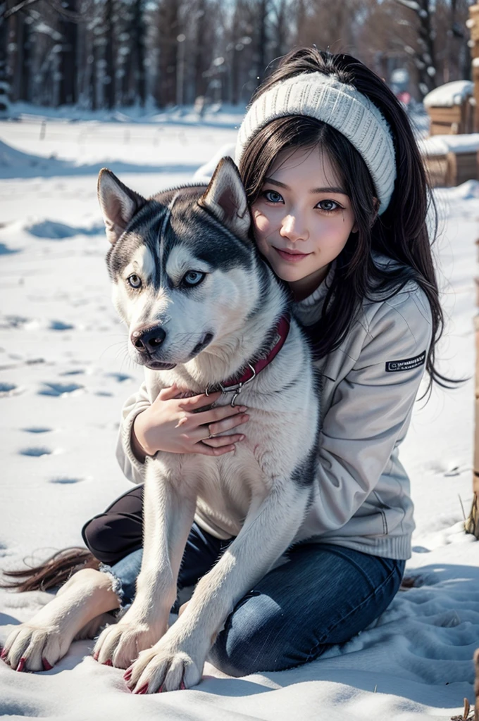 1girl in,Crouch down and hold the puppy、Girls staring at each other,Cute girl like an angel,Smile,light brown hair,Accurately drawn face,beauty legs,Precisely drawn fingers,parka,Plaid miniskirt,long boots,Clothes written in detail,Precisely drawn limbs,White puppy,In Red Park,Fuji Film, nffsw, masutepiece, ccurate, Textured skin, high details, Anatomically correct,​masterpiece,