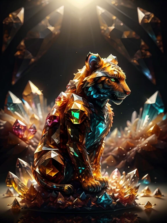 (((best quality))), tiger, feral tiger, colored crystal tiger statue, crystal polygons, glass effect, broken glass effect, ((low polygonal tiger representation)), glowing statue, ((glowing eyes:1.2)), (((faithful to fur patterns))), fullbody, ((black background)), (low intensity specular light, blue light), photography, professional photography, highres, ultra-detailed, (((any fur replaced by crystals of glass)))