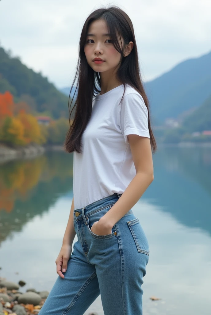 Best Quality, Masterpiece, Ultra High Resolution, (Realistic: 1.4), Original Photo, (Evening Street), 1 Girl, Black Eyes, Fine Eyes, Double Eyelids, Long Legs, Long Hair, Light Makeup, Lips, Small Ears, White T-Shirt, Denim Shorts, Beautiful Woman in Perfect Shape: 1.4, (Outdoor, Seaside: 1.1), Mountains and Waters, Trees
