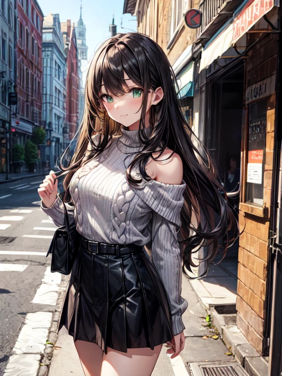 Very delicate,
beautiful girl,
break,
8k,
Highest quality,
masterpiece,
Super adopted,
Super detailed girls,
Ultra-fine illustrations,
break,
Active Pause,
Outdoor,
street,
Shiny,
bright,
Rim Light,
break,
One girl,
alone,
College years,
Perfect female body,
Black Hair,
Long Hair,
Fluffy hair,
Air Van,
Long bangs between the eyes,
Round face,
Green Eyes,
(smile:0.8),
Large Breasts,
break,
Yellow off-the-shoulder knit sweater,
brown lace up long skirt,
boots,