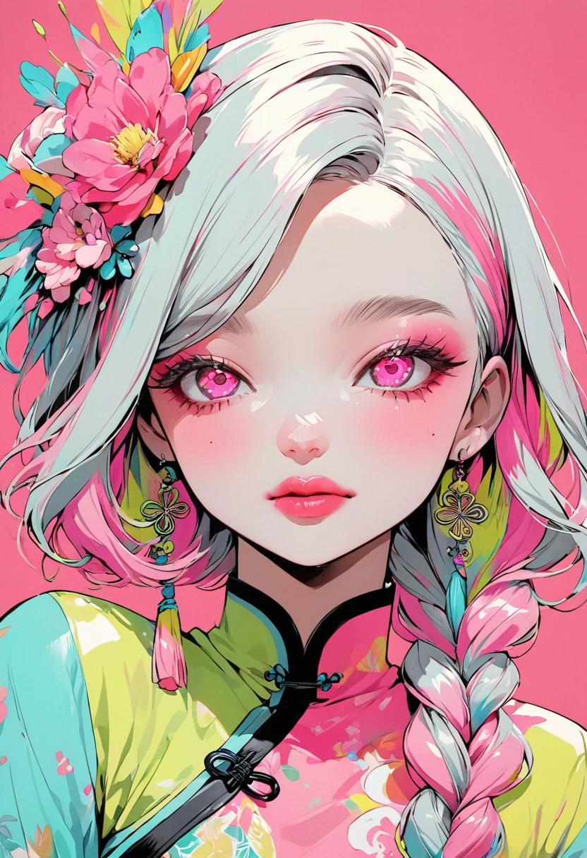 (Best Quality:1.4, City Pop Style, Very detailed, Latest, Vibrant, High contrast, ), Gal, One Girl, Alone, ((Front close-up shot:1.4)), Fluorescent hair, Braiding, Droopy eyes, Medium Bob Style, Pastel colors, Chinese dress, flower, Portraiture, Asymmetrical bangs, Pink eyes, Cute Face. Lips in Love, Stylish design, Pure Pink Background.