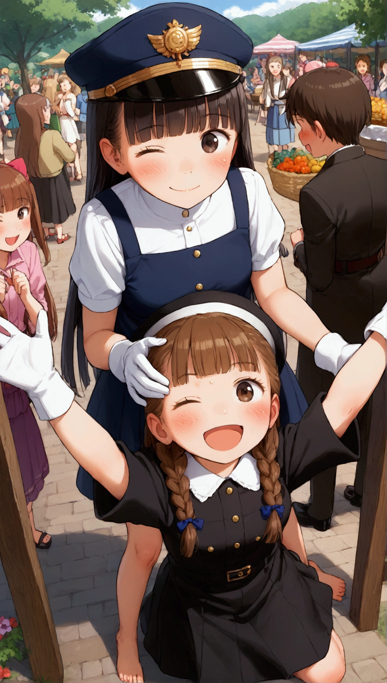 {Highest quality}, {Super beautiful},{Ultra fine},{Best illustration},Brown Hair,Hime cut,long hair,Braid,One woman,Crouching woman,Strike a pose,Adult women,smile,Excited face,Wink,Uniform cap,White Shirt,Short sleeve,long black skirt,White gloves,Night Festival,Blushing,Slender,Black stiletto heels,barefoot,From an angle,From above,Put one hand on your hip,Spread your legs