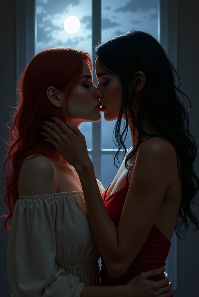 neon, 8K, portraite, highy detailed, taken from side view, two girls standing face to face, full body view, kissing, eyes locked, wearing stockings, girl with black hair facing left while the second girl facing right with red hair, Shy and flushed expression, [MARGOT ROBBIE|Brie Larson], neckleace, Surreal and dreamlike scenery, soft pastel colors , making out naked in bed, showing their breasts and their naked bodies in bed