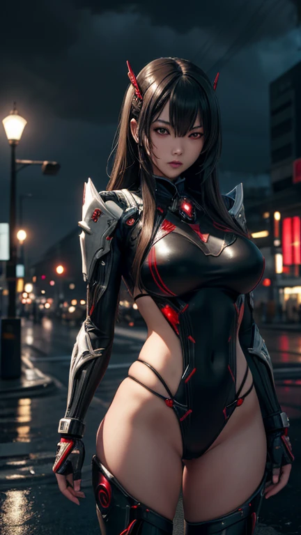 Realistic 1.5, 1 japanese girl, bikini WARFRAME, intricate pattern, heavy metal, energy lines, faceless, glowing eyes, elegant, intense, blood red and black uniform bikini, seios grandes, solo, modern, city, streets, dark clouds, thunderstorm, heavy rain,, dramatic lighting,, (masterpiece:1.2), best quality, high resolution, beautiful detailed, extremely detailed, perfect lighting,