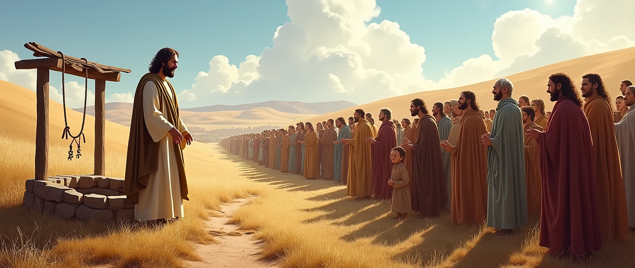 JESUS IN A VALLEY PLACING A IN THE CENTER IN FRONT OF THE PEOPLE PIXAR STYLE