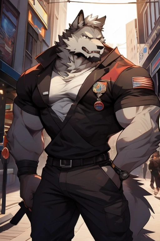 A Focused on the Upper and Right side Body Picture of A Very Muscular Furry style Gray Wolf. he is wearing A Full long soldier suit. his eyes are looking at the viewer. his both hand are holding a very large gun. his mouth is open wide. he is very Shocked and Angry. his both hand is on his waist. he is in a city that have a little human in the city