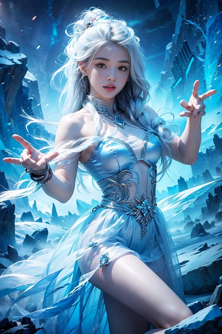 Ice flower, Ice control, Silver Olympus Hair, realistic photo, Vivid picture quality, dynamic pose, fantastic ice production, 8k, woman, sorceress, ice magic, ice control, powerful, magical, white hair, elsa, let it go, ice blue eyes