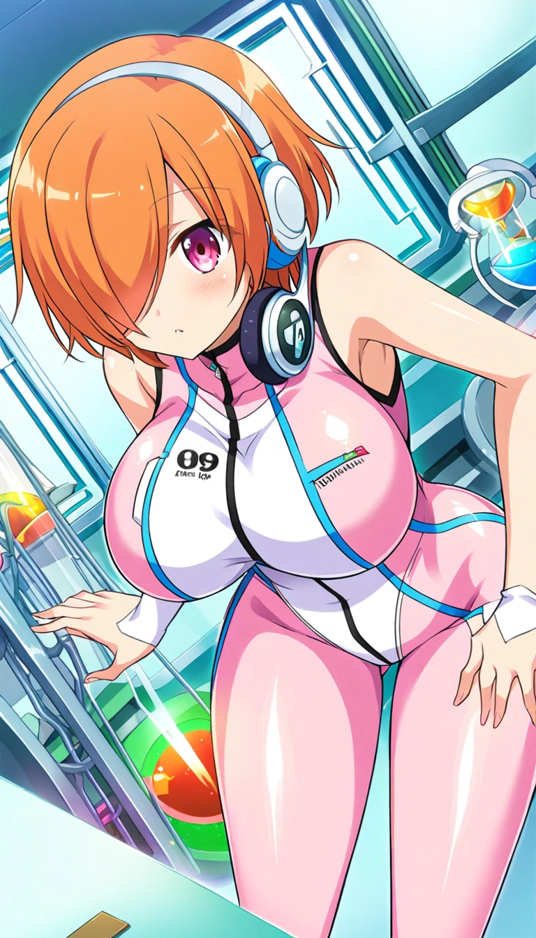 nsfw,(super fine illustration,8K CG wallpaper,best quality,extremely detailed,ultra high res,best aesthetic),(cowboy shot,from front),idolmaster, {{{hina araki}}}, (25yo, beautiful girl), (beautiful brown eyes),((beautiful orange hair)), ((short hair)), (((green rim glasses))), (wet hair), (wet skin), ((sweat)), ((steam)), (flat chests,large breasts), (tall), (slender), (((gree cyber suit))), (((open clothes))), ((pubic orange hair:1.4)), ((on stage)), ((((spread legs)))),((spread pussy:1.4)),(open mouths), (evil smile), ((stick out tongue)),(feel good), (((one eye closed))),((singing)),((hold the microphone with her right hand)),((bring her right hand in front of her pussy)),(headset)),(cum on body:1.5),{{{female masturbation}}},ecstacy,