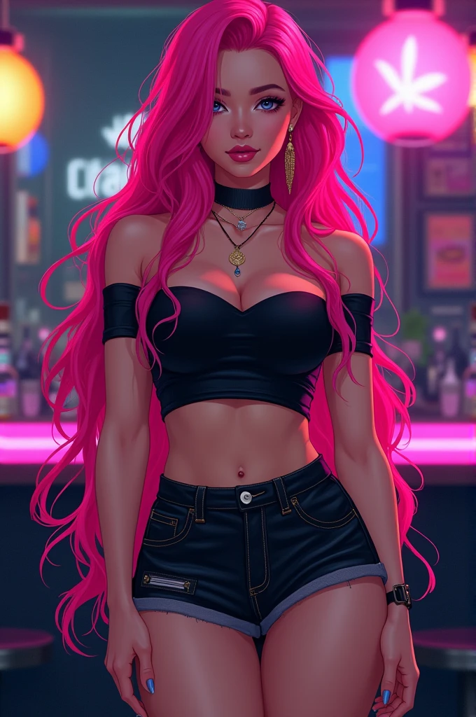 arafed woman, Selena Gomez, sitting on a counter with a pair of roller skates, pink neon lights, pink vibe, inspired by David LaChapelle, with neon lights, thick neon lights, neon lit, neon vibes, with neon signs, neon lights and adds, neon lights in the background, pink body, fashion neon light, carmen electra, candy girl, bubblegum body Captured from behind