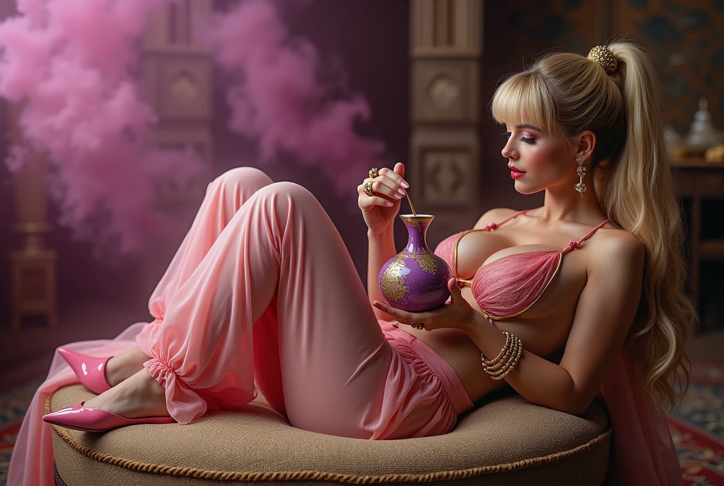 (beautifull lady with gigantic breast, wear detail luxury pink hijab, elegantly sit on luxury chair, luxury pillow), (luxury blanket), (window with luxury frame), (luxury flower vase), (luxury small table and glass of wine), (luxury lamp), (luxury parfume bottle), (luxury ornament on the wall), (luxury candle), (beautifull painting on the wall), (luxury wall ornament), (detail pink strapless bra), (detail luxury kimono), (detail luxury garter belt), (detail luxury stocking), (detail luxury high heels), (luxury crown), (show cleaveage), (show underboobs) , (show sideboobs), (show thigh),(detail underboobs ornament), (detail luxury chest ornament), (detail luxury arm ornament), (detail hips ornament), (gigantic breast:1,9), beautifull face, beautifull eyes, beautifull nose, sexy lips, pink nails, raytracing, nsfw, beautifull fingers, beautifull hands, sexy belly, sexy body, sexy shoulders, sexy legs, sexy hips, (luxury bracelet), (luxury ring), (luxury necklace), white skin, (4 fingers in 1 hand), full body picture, pretty makeup, good lighting, realistic shadow, professional photography, pink and gold color scheme, 4k resolution, perfect anatomy