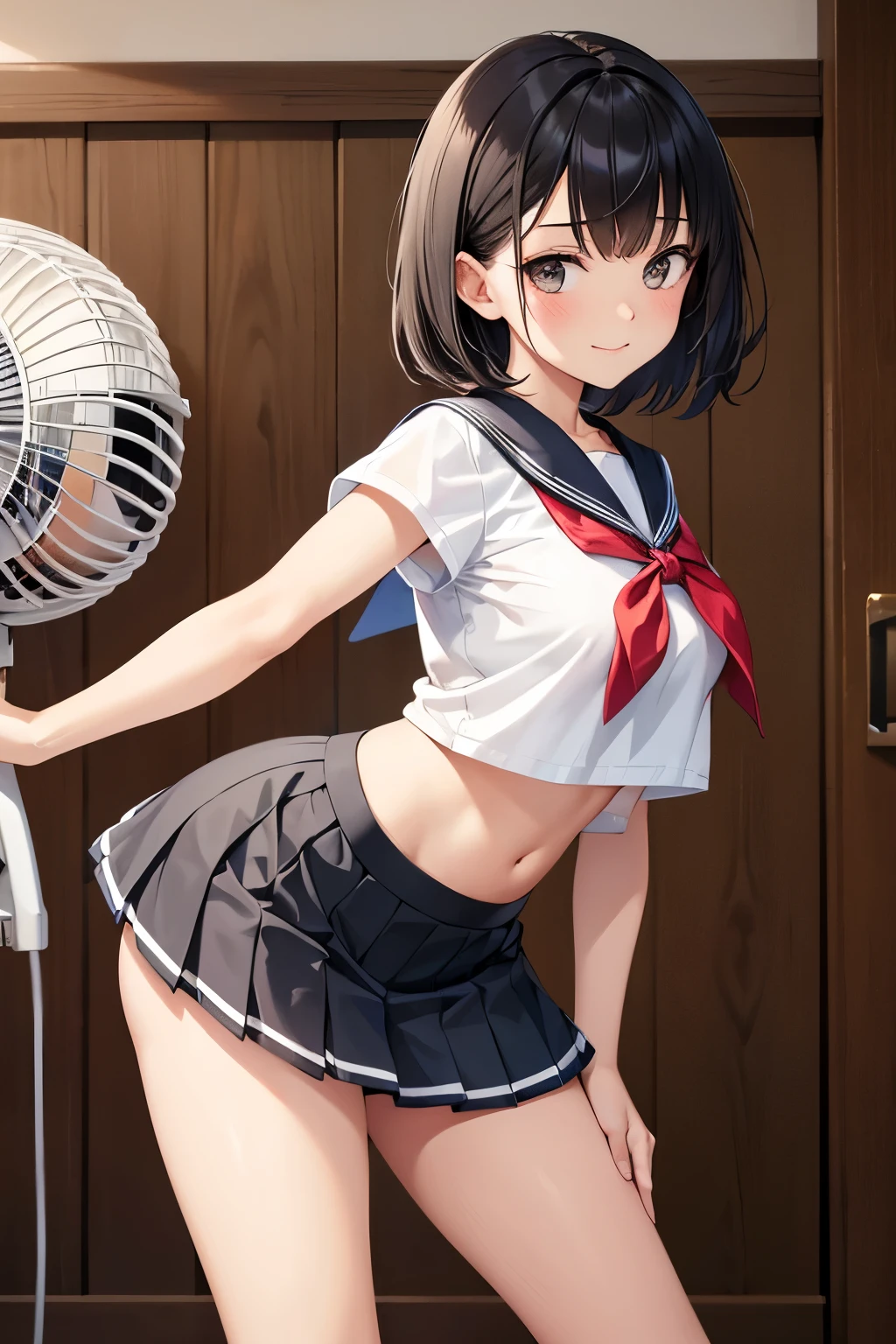 ung_teee girls、Loli、brhair、medium_bob_hair、blue_midriff_baring_sailor_uniform、mini_skirt、short_sleeve、thickthighs、big_tits,closed_eyes, Sorrisos、open_mouth、dynamic_pose_standing ,dock_background、spread_legs、happiness、NSFW、short_gloves, (wet:1.4),transparent,covered_nipples, covered_crotch, under_tits, sweat, bare_thighs, (groin:1.5), tan_skin,