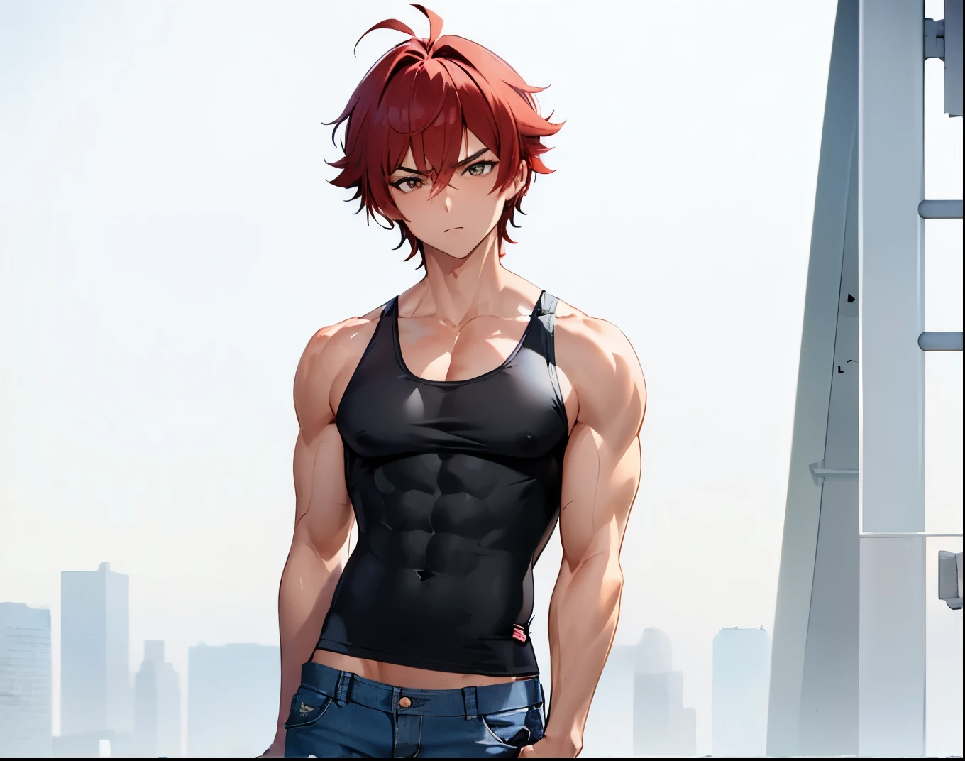 足を組んで床に座っているレッドの髪のAnime Boys, Anime Boys, Anime Styleキャラクター, clothing:Black Tank Top, boy wearing denim shorts, Anime Styleで, Anime Style, Anime Style, Muscular man, Knight of Zodiac Boy, With short red hair, In anime style, Masculine and muscular, Skin tight tank top, Bare Arms, Bare shoulders,