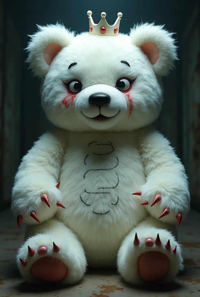 (UHD, best quality), Big stuffed bear, Stuffed white bear, stitch, White Crown, Left eyeball drooping:1.5, Sharp Claws, fluffy body, Horror background, A mix of humor and horror