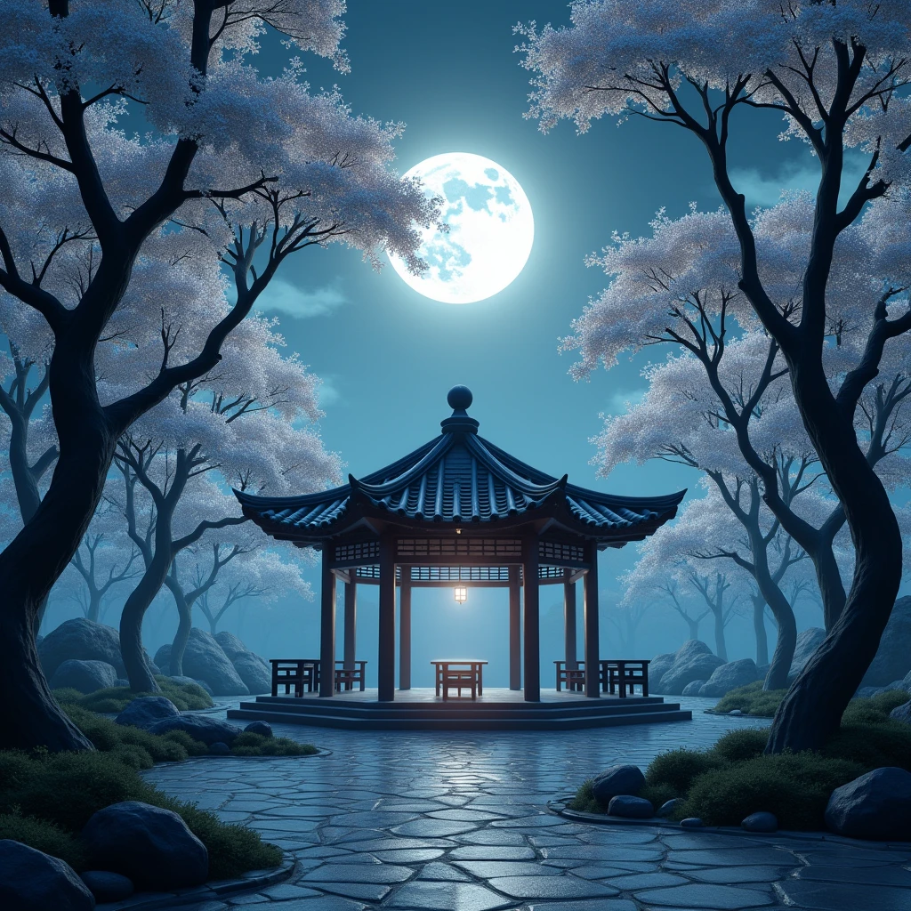 In this painting, moonlight shines like water on the ancient pavilion. Surrounding the pavilion are several osmanthus trees, and the air is filled with a faint fragrance of osmanthus. The moon hangs high in the sky, casting a silver white light through the gaps in the leaves, creating mottled shadows on the ground. There is a stone table and several stone benches inside the pavilion, as if someone had just admired the moon here.
﻿
Beautiful cinematic lighting, surreal, color graded, dynamic movement, captivating chiaroscuro, full body, award-winning, cinematic still, emotional, vignette, dynamic, vivid, (masterpiece, best quality, photorealistic, Professional, perfect composition, very aesthetic, absurdres, ultra-detailed, intricate details:1.3)