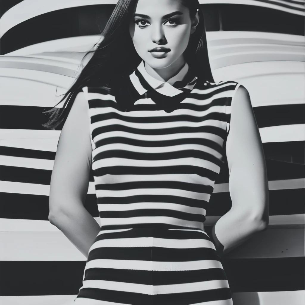 Op Art Fashion, Black and White, Optical illusion, Contoured curves、women fashion photography、Black and Whiteストライプの衣装、Black and Whiteストライプの背景