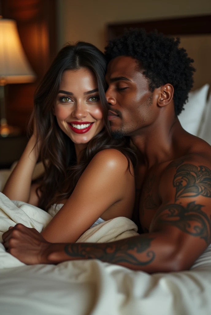 Real photo. In a five-star hotel room, On the bed we see a couple ...