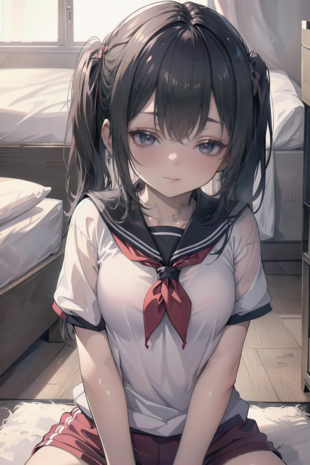 Portraiture, Official Art, finest masterpiece, Best Quality, Highest Resolution, 8k, Most detailed, Perfect Anatomy BREAK shirayukiKC, One girl, Alone, skirt,shirt, Twin tails, School,Sailor suit, Sailor collar,neckerchief, low Twin tails, short Twin tails,, (Small breasts, child_Like a build, low length:1.2) BREAK nsfw, Masturbation, Straddle, Cowgirl Position, Almuada, pillow, on pillow, Rubbing the groin BREAK (Female orgasm:1.3), (Lewd face, Red cheeks, Close your eyes:1.2), Open your mouth BREAK 豪華なマンション, bed, (night, midnight, darkness:1.3), Particles of light, Dust, Very detailed 16K CG wallpaper of a girl，(Close-up of faces)Open your mouth，Excited，Wet (((Sticky milkshake liquid))),Wet(((A large amount of mixed milky liquid is poured on the gym clothes))),Eyes open, The whole body is covered in oilで光沢感がある　Used rolled tissue paper,　 Used crumpled tissue paper, Pieces of used tissue paper on the ground,　Excessive sweating in the face,Dripping sweat,Sleeping on a mat,pillowに頭を乗せている,Dirty duvet　Very old thick mat ,In the gym storeroom,　There are a lot of used tissues on the floor ,　Crumpled used garbage is scattered all over the place..,　A room cluttered with used tissues,A mat cluttered with used tissues　、Embarrassing　Dimly lit room　Hardwood Floors　Used rolled up tissues scattered around、The upper body is school&#39;Designated white gym uniform., Blue Sleeve、The lower half of the body is blue bloomers、Close-fitting shorts、high school student、Illustration Style　Anime Style　Mouth wide open、Mouth is wide、　beautiful girl　Cheeks pink　Super Curly Hair　Super long sideburns　Hairbands　Big Eyes　Droopy eyes　Shocking Pink Rouge　Sweating profusely　Steam coming out of the whole body　Steam rises across the screen.　White Breath　Haa　The whole body is covered in oil　evening　Overall orange background　Sunset sunshine、 (pillowに頭を乗せる), (Cover your chest with a blanket), Head to chest composition, Upper body drawing, high school student,With both hands up and messy, /(Long Black Hair/), (Neat, shiny, long hair), Eyes open, (16:00 AM), (evening) Sunset,
