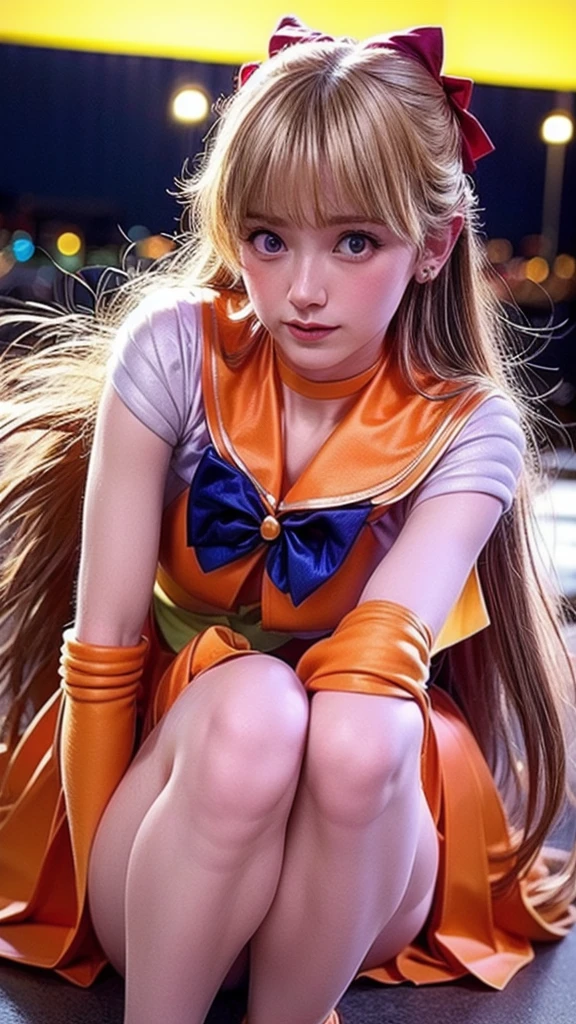 (realistic, photo-realistic:1.4), (best quality,masterpiece:1.2), RAW photo, high resolution, intricate details, extremely detailed, realistic and sharp details, cinematic lighting, (full body), frontal photography, solo, 1girl, sailor venus, sv1, MinakoAino, a Japanese female idol wearing a sailor senshi uniform, smuniform, jewelry, circlet, earrings, orange sailor collar, orange choker, blue neck ribbon, (white elbow gloves:1.2), orange skirt, orange ankle strap pumps, red hair bow, (blonde hair, long hair, bangs:1.5), detailed face, beautiful detailed eyes, beautiful pupils, pale skin, fine-textured skin, (perfect anatomy, prefect hands), photo background, outdoors, daytime 