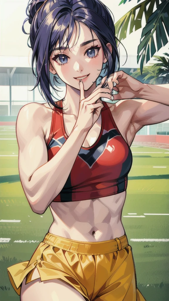 ((masterpiece, Best Quality, Best Quality)),((1 person)),Highly detailed face、Highly detailed eyes、Highly detailed skin、Highly detailed fingers、Highly detailed nose、Highly detailed mouth、Anatomically Perfect Fingers、Anatomically perfect arm、Detailed Background,((A happy smile)),((Sounds fun!)),(Track and field athlete),(Sports Bra),(sexy),(Exposed shoulders),(Summer sunshine),(Dynamic),(露出したAbdominal muscles),(Abdominal muscles),(laughter),(Ground),(Jumping),(jump over),Tight fitting clothing