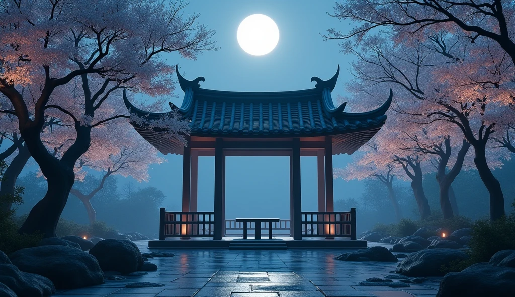 In this painting, moonlight shines like water on the ancient pavilion. Surrounding the pavilion are several osmanthus trees, and the air is filled with a faint fragrance of osmanthus. The moon hangs high in the sky, casting a silver white light through the gaps in the leaves, creating mottled shadows on the ground. There is a stone table and several stone benches inside the pavilion, as if someone had just admired the moon here.
﻿
Beautiful cinematic lighting, surreal, color graded, dynamic movement, captivating chiaroscuro, full body, award-winning, cinematic still, emotional, vignette, dynamic, vivid, (masterpiece, best quality, photorealistic, Professional, perfect composition, very aesthetic, absurdres, ultra-detailed, intricate details:1.3)