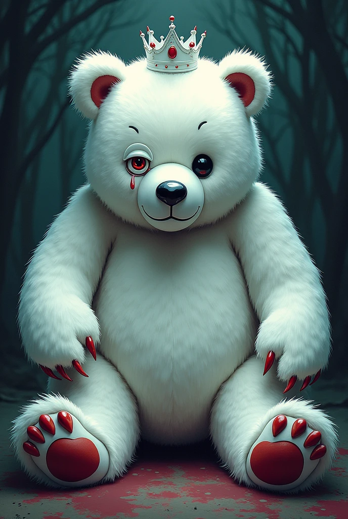 (UHD, best quality), Big stuffed bear, Stuffed white bear, stitch, White Crown, Left eyeball drooping:1.5, Sharp Claws, fluffy body, Horror background:1.2, Illustrated style:1.2, Pop illustrations:1.1