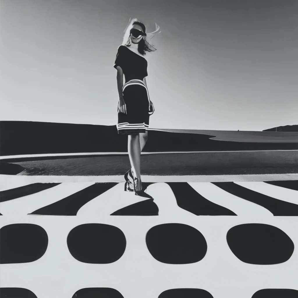 Op Art Fashion, Black and White, Optical illusion, Contoured curves、women fashion photography、Black and Whiteストライプの衣装、Black and Whiteストライプの背景