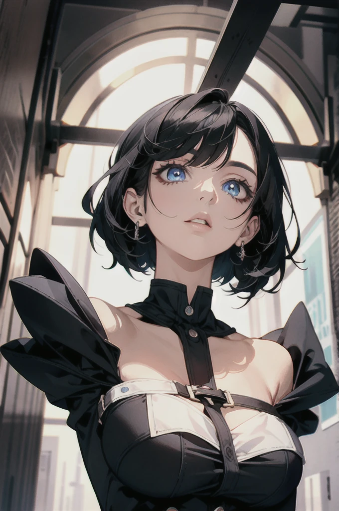 (masterpiece),((Highly detailed black short hair)),((expressive blue eyes)),(Highly detailed black biker outfit),deep cleavage,serious expression,extremely beautiful mature woman, milf,pale white skin,best quality,cel shading,8K HD,highly detaild face, highly detaild eyes,flat color,(fullbody shot),high contrast,contrapposto,white background