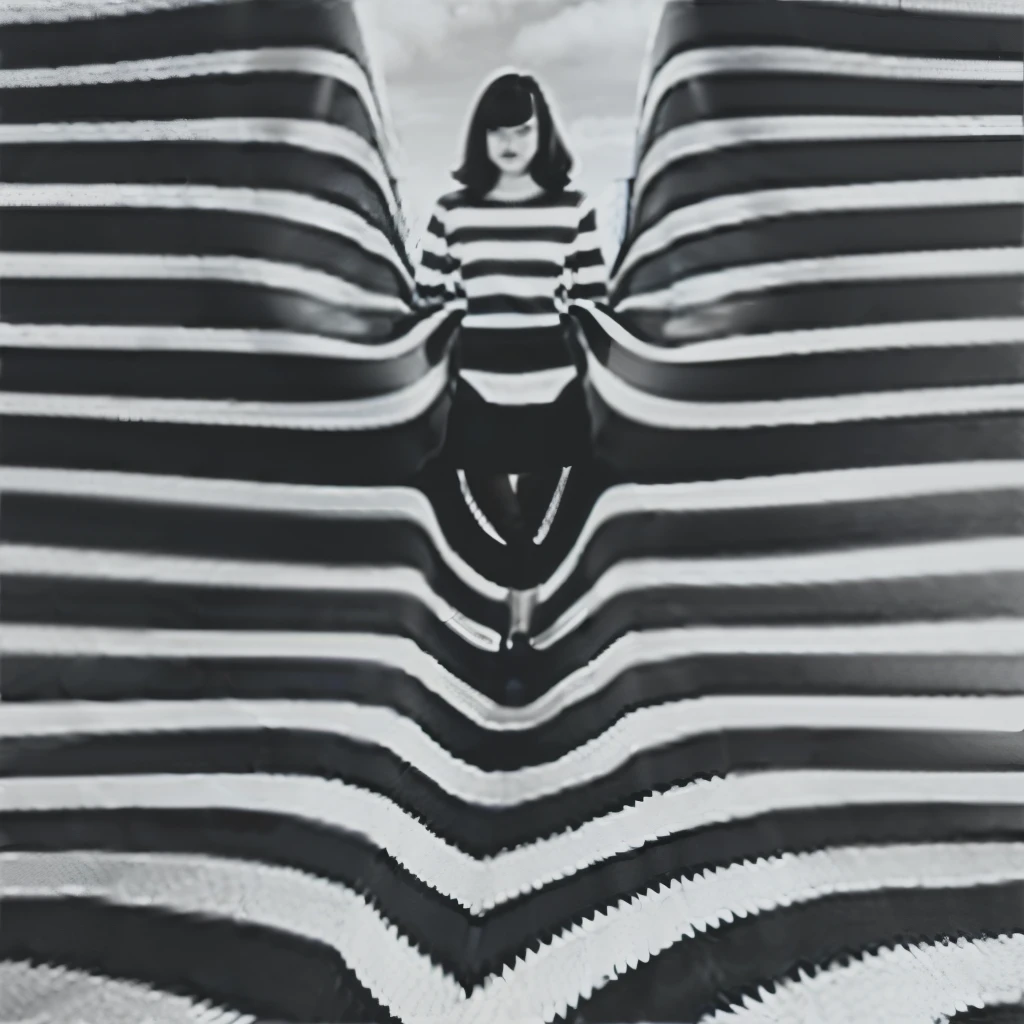 Op Art Fashion, Black and White, Optical illusion, Contoured curves、women fashion photography、Black and Whiteストライプの衣装、Black and Whiteストライプの背景