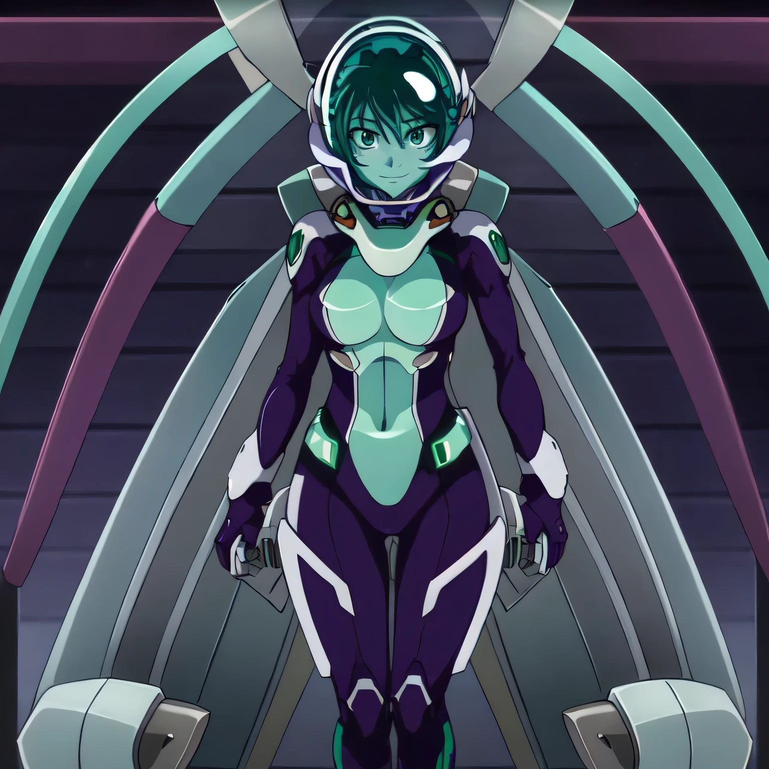 masterpiece,high quality,solo, smirk, nenatrinity,1girl, green hair,green eyes, purple spacehelmet, purple pilot suit, glowing, standing, LOOKING SEXY