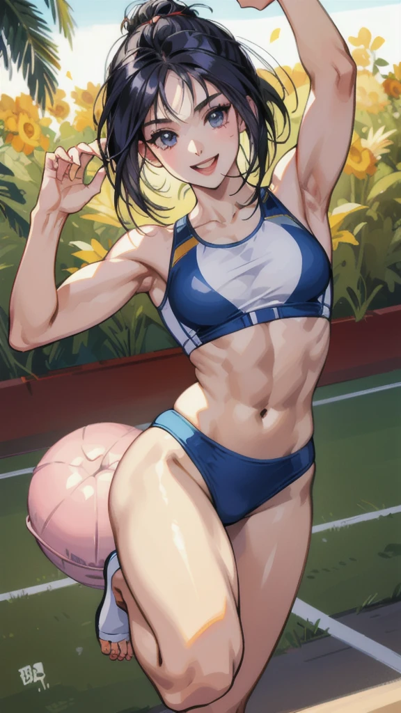 ((masterpiece, Best Quality, Best Quality)),((1 person)),Highly detailed face、Highly detailed eyes、Highly detailed skin、Highly detailed fingers、Highly detailed nose、Highly detailed mouth、Anatomically Perfect Fingers、Anatomically perfect arm、Detailed Background,((A happy smile)),((Sounds fun!)),(Track and field athlete),(Sports Bra),(sexy),(Exposed shoulders),(Summer sunshine),(Dynamic),(露出したAbdominal muscles),(Abdominal muscles),(laughter),(Ground),(Jumping),(jump over),Tight fitting clothing