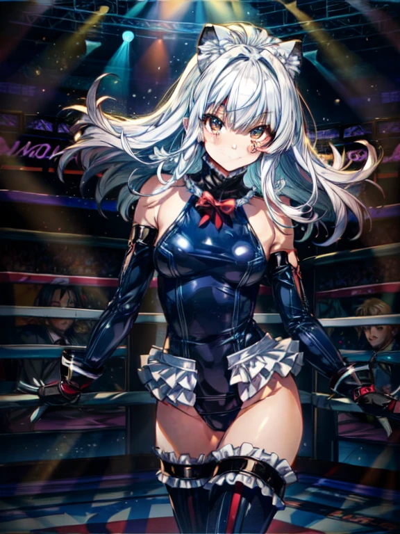 Perfect Anatomy, Best Quality, Wicked Smile,Provocative attitude
,((Standing provocatively in an electrified fighting ring:1.2)),Wicked Smile,Anime Style,(Ruffled swimsuit, Knee socks, Removed sleeve), (Anime Style:1.6) ,
Silver Hair,(White fingers:1.1,black gloves),Very long hair,,(((masterpiece))), (((Best Quality))), ((Very detailed)), (Illustration), (Detailed light),((Very delicate and beautiful), 
