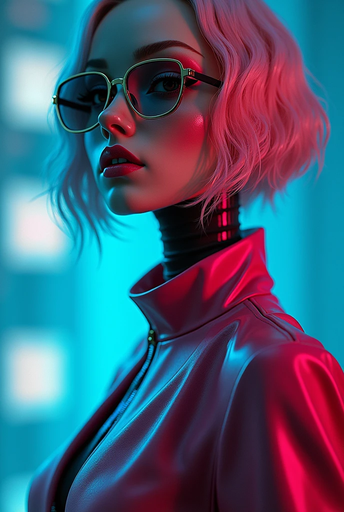 a woman with a neon colored hair and glasses , transgressive art,  sharp focus, 8 k, octane render ,  saturated colors, pastel colors