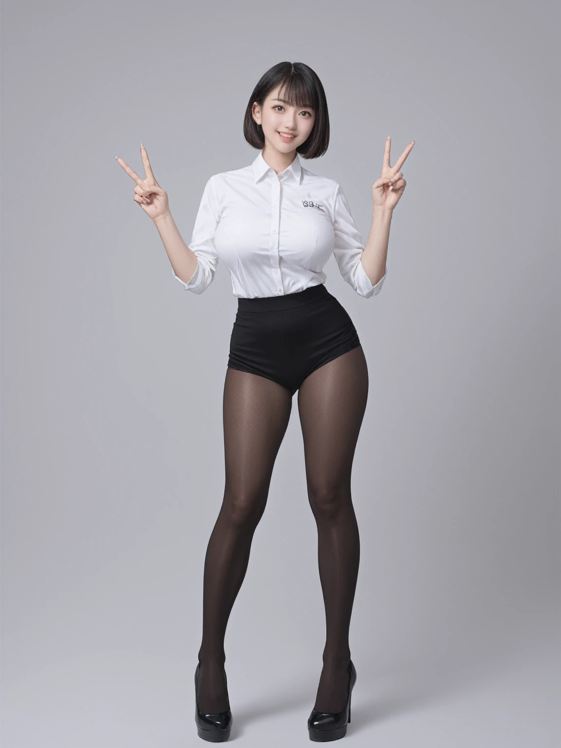 realistic,score_9, score_8_up, score_7_up, 1girl, stand, full body, high heels, pantyhose, Graphic Tee, simple background, Lob \(long bob\), (((LARGE breasts))), Give a V victory sign, микро мини юбка, мини микро юбка, юбка сильно обтягивает, (((улыбка))), на лице (((радость)))