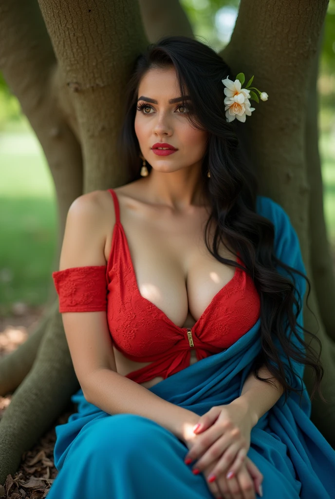 Full body, a woman in a saree posing for a picture, a woman on a field full of beautiful flowers, she is mesmerized, long hair, absolute beauty, goddess, traditional dress, beautiful face, good stylish posing, smile, gorgeous woman, rude appearance, nice face, beautiful eyes, face focused, elegant outfit, aesthetic, beautiful girl, extremely detailed shot, jaw-dropping beauty, cleavage, , navel showed, beautiful woman, thick thighs, wide hips, flower field on the background, Hyper-detailed, ultra-realistic, hyper-realistic, ultra-detailed, HD Upscaled, realistic image, realistic skin, realistic skin textures, realistic skin, --v6