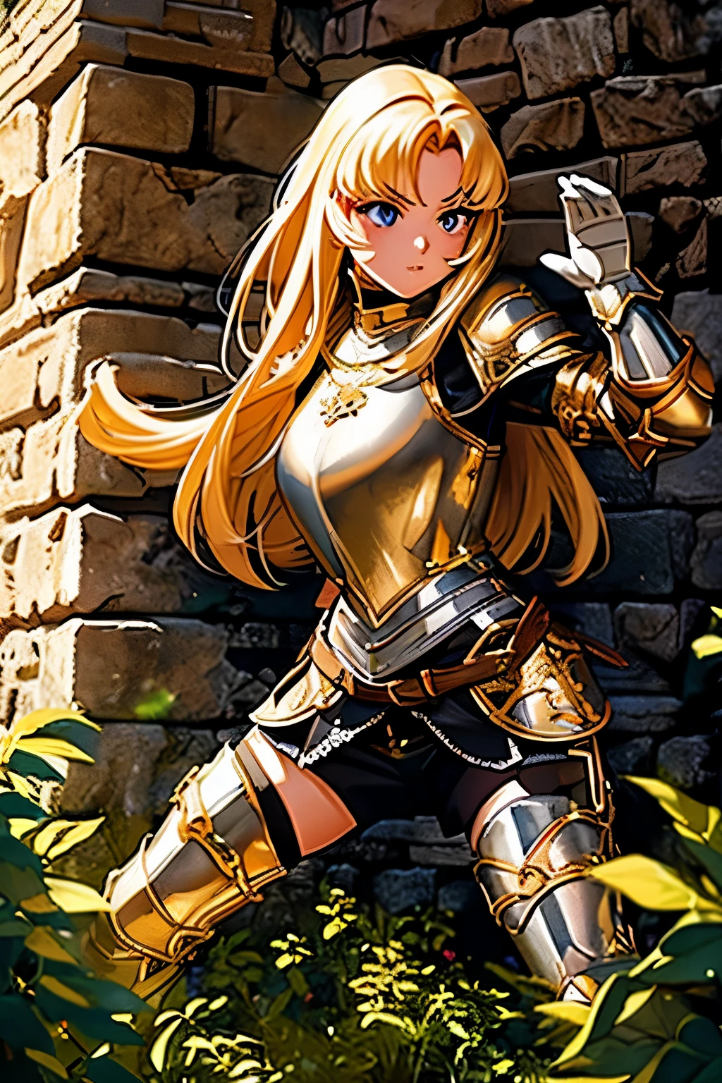 ((ultra-detailed)), (beautiful detailed eyes), (masterpiece), best quality, expressive eyes, perfect face, 1girl, knight, gold armour, white shirt, black shorts, white pantyhose, gold bracers, black gloves, plate armour, knee boots, blonde hair, long hair, walking, knight, paladin, ranger, pirate, armor, rogue, torch, wooden doors, ruins, abandoned, old, moss, stone wall, underground, dungeon, dungeon-background, iron doors, medieval-armor-girl, armored, p line, yoga shorts, retro anime, 1990s anime, (cinematic lighting), (illustration), anime, (((best quality))), best quality