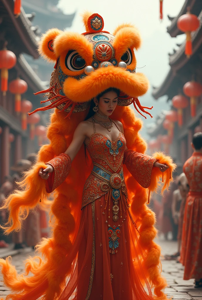 Clown Devil from middle earth, magical, anthropomorphic, girl, cute expression,  prajna mask, Hanfu, background ancient Chinese streets, evening. Genshin Impact Impact, best quality, high detail, high quality, ultra high resolution, oc render, 8K