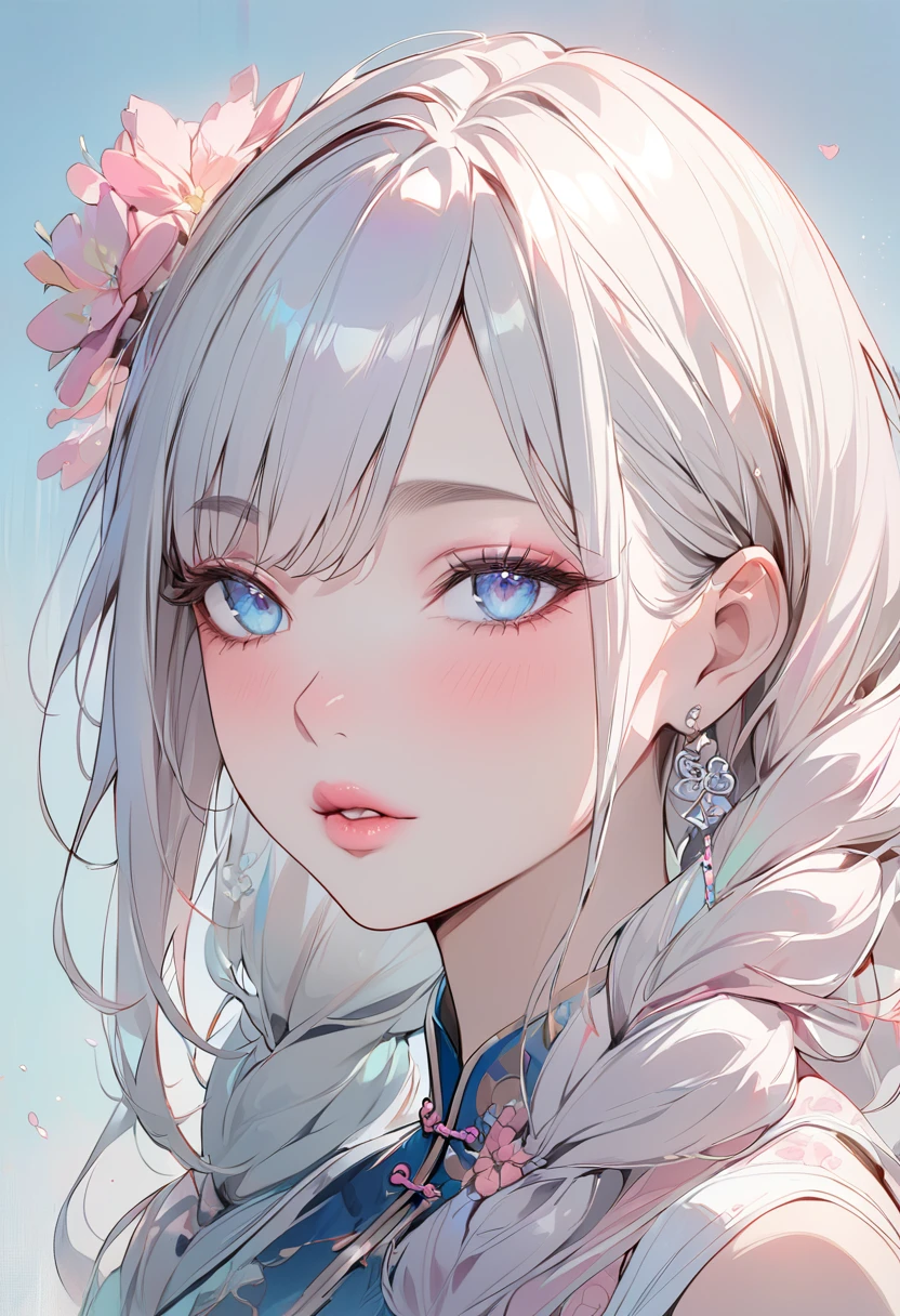 (masterpiece, Best Quality:1.4), 1 girl, Alone, Anime Style, Colorful Students, Blurred vision, Pink lower lip, Pastel colors, Silver asymmetrical long hair, Long bangs on one side, Braids, Color Highlights, Chinese dress, flower, Portraiture, Blue eyes, Cute Face. Lips in Love, Stylish design, Pure Blue Background.