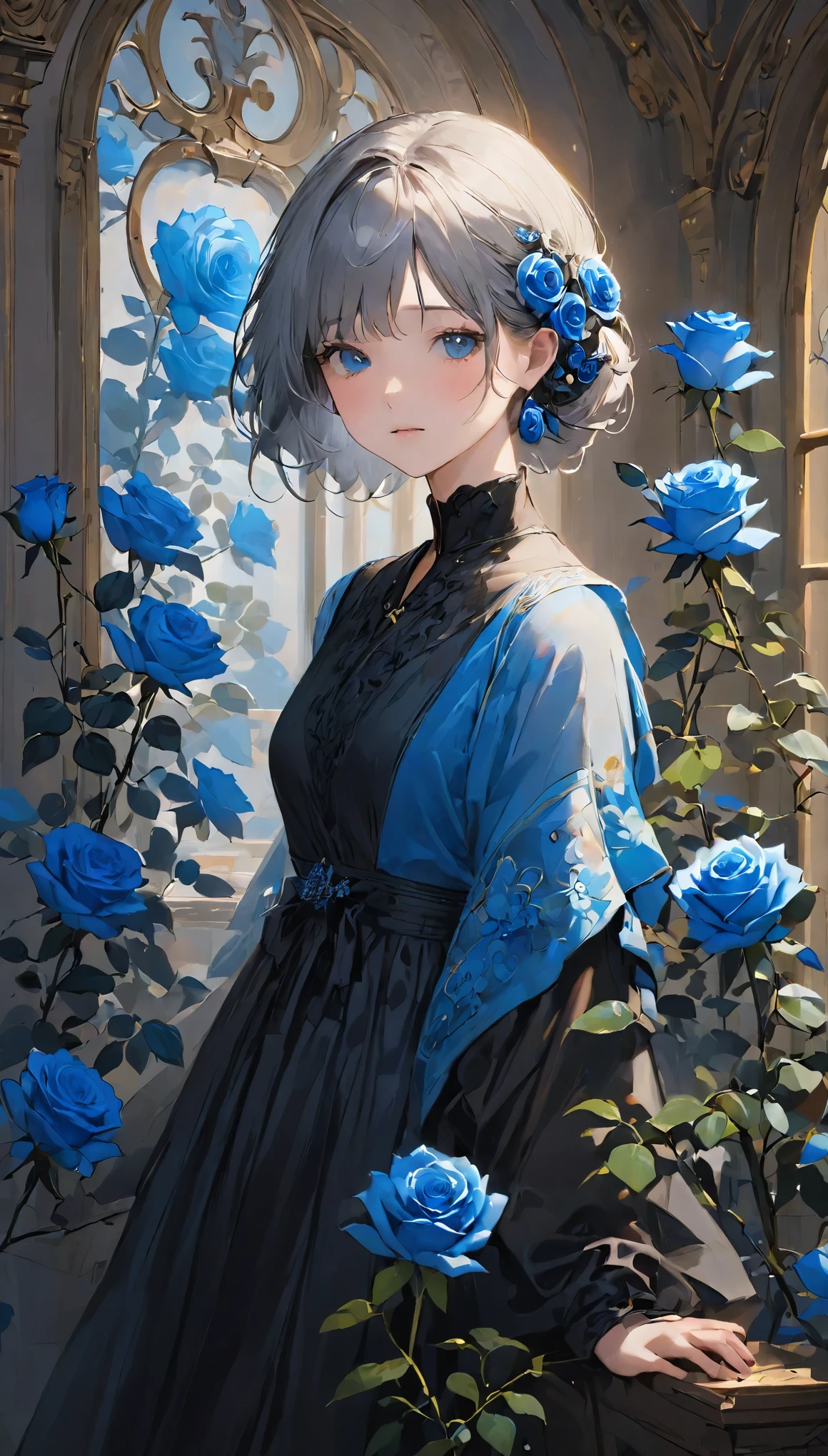 Best Quality、masterpiece、High resolution、8k、break、(((暗闇にBlue Roseの一輪の花:1.2)))、((White Harmony, Blue and Black))、(((Simple configuration)))、(((Blue Rose_Flowers in a vase)))、Create silence、Wallpaper Art、Very detailed_face_eye、非常に繊細なfaceと肌の質感、break、One Woman、Gray Hair、Black Dress、