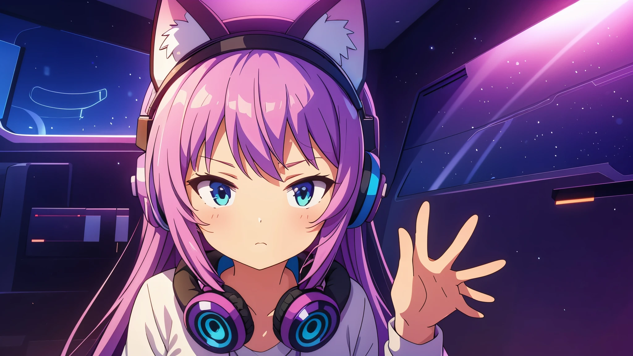 cute beautiful girl and headphones nekomimi perfect anatomy great quality of detail 