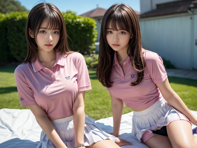 masterpiece, best quality, illustration, Super detailed, fine details, High resolution, 8K,wall paper, perfect dynamic composition,(Details High quality, realistic depiction of eyes:1.3), (2 girls), BREAK (white theme:1.4), (tucked-out short sleeve white polo shirt:1.4), (pink lines on tops outline:1.3), (pure white pleated mini skirt:1.3), (hem of top covers top half of skirt:1.3), (pink fluffy scrunchie on wrist:1.3), (white and pink sports shoes:1.2), sitting, open legs, short bob hair, in a hotel room in the background, deep on field, large breasts, black hair color, Big Natural Color Lip, (perfect body shape), crying a little、Harajuku style、20 year old girl、cute type、beautiful legs, Gravure Idol