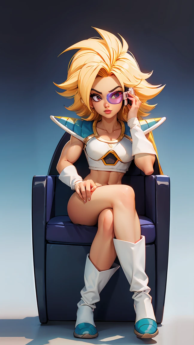 Caulifla , blonde spikey hair , raising right eyebrow, eyeliner, beautiful eyebrows, lip filler, eyelashes, tinted eyewear, saiyan Scouter, saiyan armor, saiyan boots, white cape, muscular body,hand on face , full body shot, crop top, sitting on chair, frieza spaceship, detailed eyes, perfect face, high quality, UHD, perfect anatomy