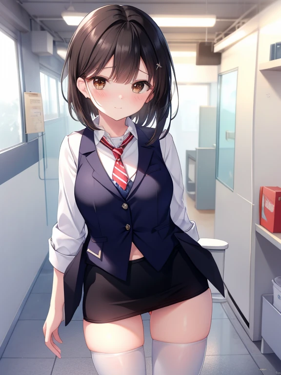 highest quality, Flying debris、Beautiful woman、officeレディー、Black Hair、(Brown eyes、Big Breasts)、short hair、チェック柄のダークブルーのofficeスーツ)、new employee,Full Body Shot、Female office lady、break(Dark blue checked vest、White dress shirt、Navy blue mini tight pencil skirt:1.2)、(Black knee-high、Absolute area、High heels)、break(office:1.3)、Cleavage、Unbutton your shirt、blush、Embarrassed、Troubled face、The skirt is torn、Standing posture