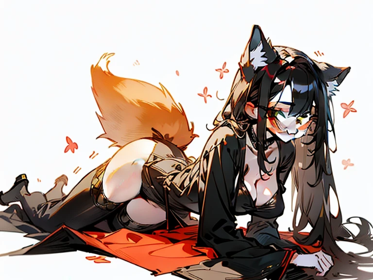 By Hioshiru, fox, red fox, long fox tail with black tip, furry, female, outside of a Japanese shrine, green high grass, cherry blossom tree, night, side view, lying on stomach, stretching, seductive pose, butt up, arched back, gazing at viewer with side eye, smiling, smile, smug, licking lips, (Half-closed eyes), long beautiful hair, green eyes, black underwear, black bra, thigh highs, slutty clothes, big breasts, sassy hips, safe for work