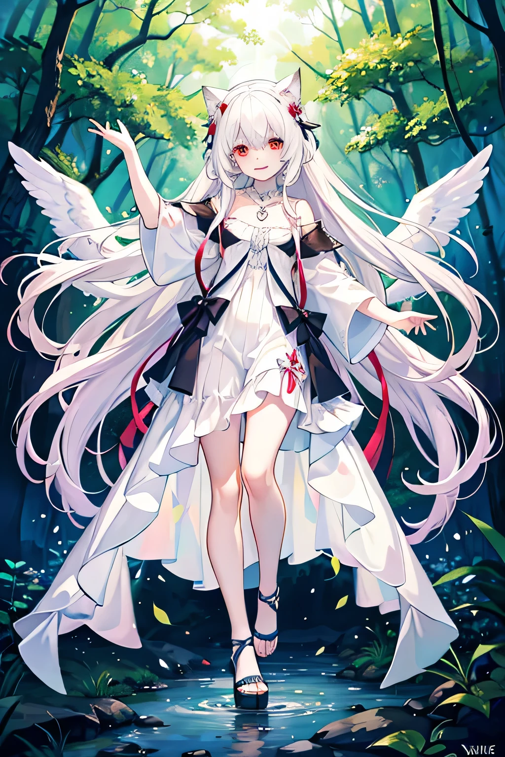 best quality, beautiful, detailed, highres, , a white cat, hopeful, smiling, looking at viewer, very long hair, white hair, red eyes, pale skin, fair skin, petite, necklace, cute face, child, Heartwarming Scene, in the forest, with a rainbow waterfall, cute, full body shot, dynamic angle