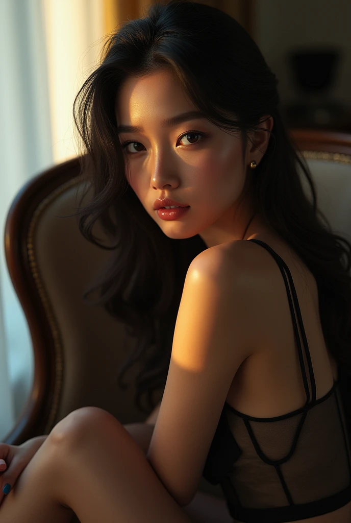 ((Realistic lighting, Best quality, 8K, Masterpiece: 1.3)), Focus, sitting, boobs up, black woman alone, curtain, arms, seen up close, Perfect body beauty, ((Side view)), hands back, hair pinned, black hair, (1solo), bedroom, black decoration, (((bare back))), skirt,