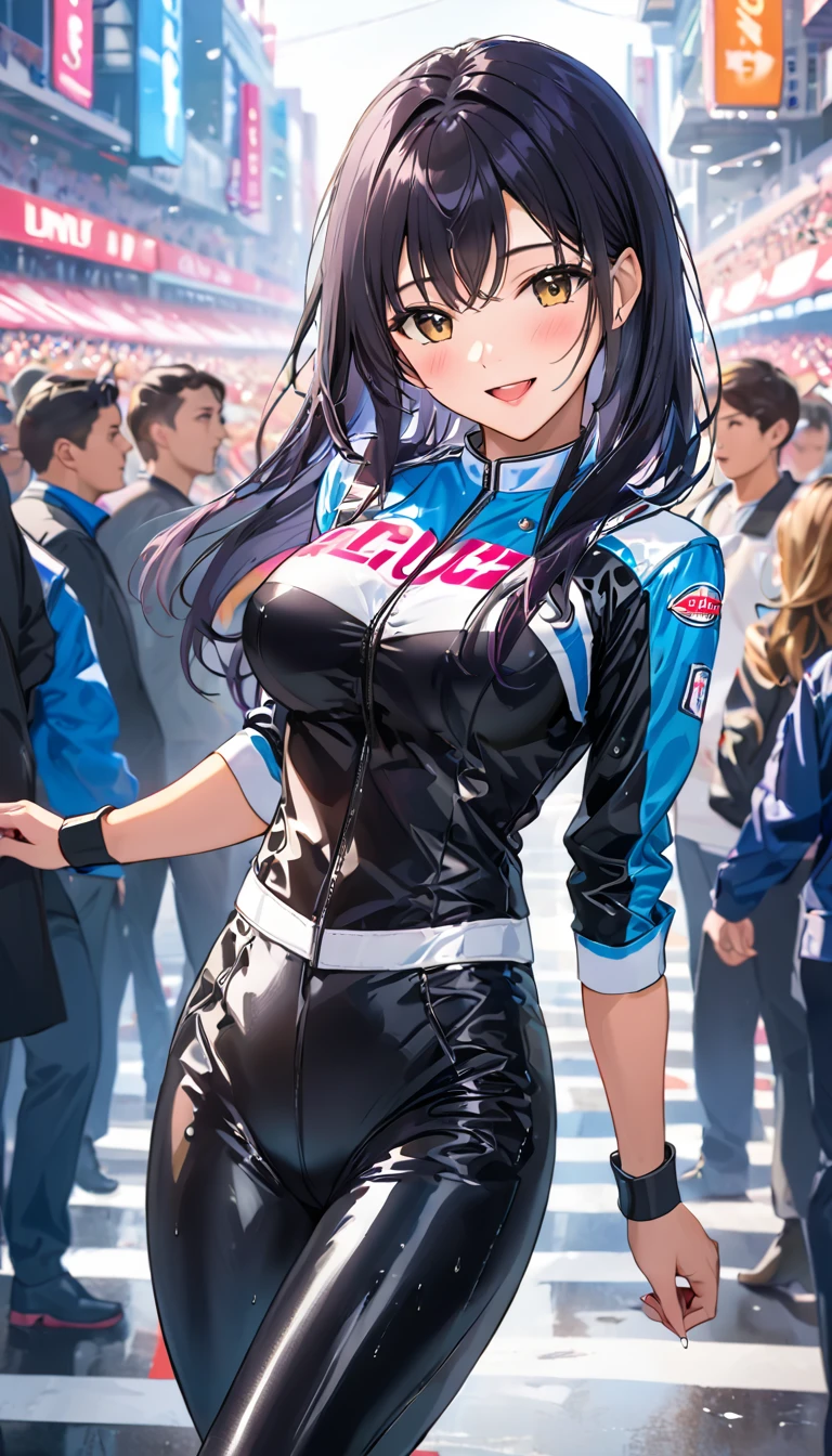 1 female,black hair,2,(((Shiny race queen uniform with exposed belly button)))(((blush、open mouth smile)),(((straight hair))),(((portrait))),crowd,,(wet with sweat)(leather thigh high boots)(((beautiful breasts)))