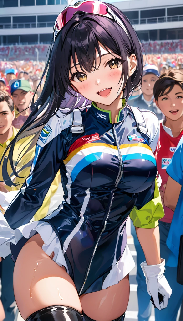 1 female,black hair,2,(((Shiny race queen uniform with exposed belly button)))(((blush、open mouth smile)),(((straight hair))),(((portrait))),crowd,,(wet with sweat)(leather thigh high boots)(((beautiful breasts)))