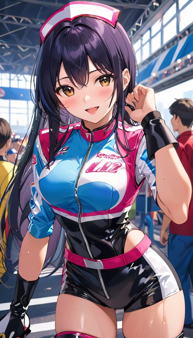 1 female,black hair,2,(((Shiny race queen uniform with exposed belly button)))(((blush、open mouth smile)),(((straight hair))),(((portrait))),crowd,,(wet with sweat)(leather thigh high boots)(((beautiful breasts)))