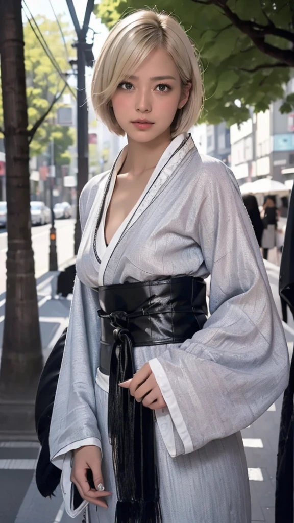 High resolution、masterpiece、Textured skin、high quality、Ultra high definition、Very detailed、woman、Short blonde hair parted in the center、Looking at the camera、Large Breasts、Perfect Style、Long legs、Background blur、far and near method、Gothic Kimono、Street Snap、